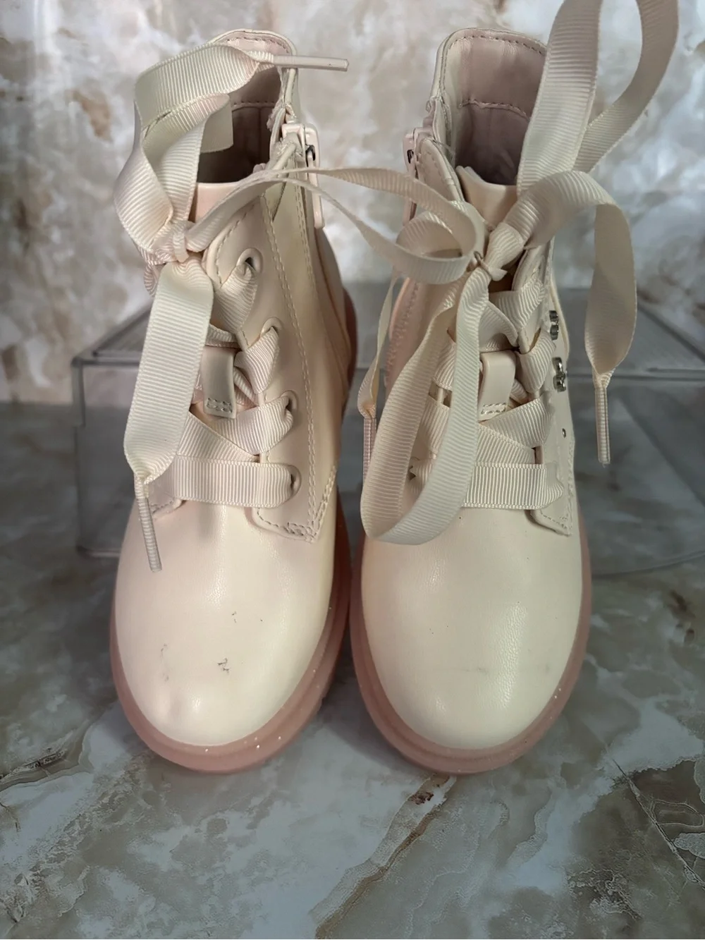 Cat & Jack Cream and Pink Heart-Studded Lace-Up Boots